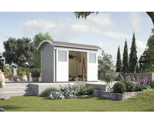 Gartenhaus weka Schiebetürhaus 228 inkl. Fußboden 344 x 241 cm grau Garten Szene mit Gerätehaus aus Holz mit Doppeltür, Fenster und Geräten