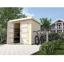 Holzgartenhaus mit Doppeltür und Fahrrad davor
