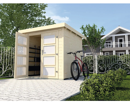 Gartenhaus weka 321 Gr. 4 inkl. Fußboden 323 x 237 cm natur Garten Szene mit Gerätehaus aus Holz und einem Fahrrad