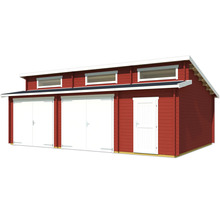 Rotes Holzhaus mit drei Garagentoren und Fenstern