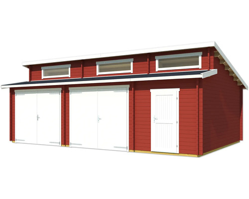 Rotes Holzhaus mit drei Garagentoren und Fenstern