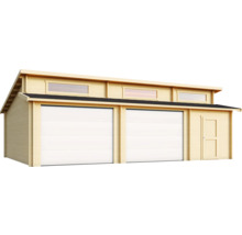 Doppelgarage aus Holz mit zwei Toren und einer Seitentür