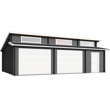 Doppelgarage aus Holz mit Fenstern und Seitentür