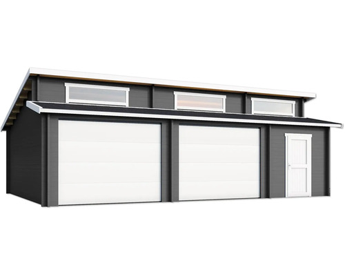 Doppelgarage aus Holz mit Fenstern und Seitentür