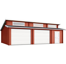 Garage aus Holz mit zwei Toren und einer Tür