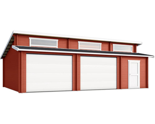 Garage aus Holz mit zwei Toren und einer Tür