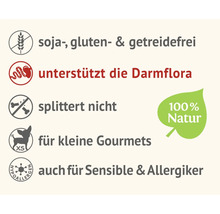 Symbole für hundefutter: sojafrei, glutenfrei, getreidefrei, unterstützt die Darmflora, splittert nicht, 100 Prozent Natur, für kleine Feinschmecker, auch für sensible Hunde und Allergiker