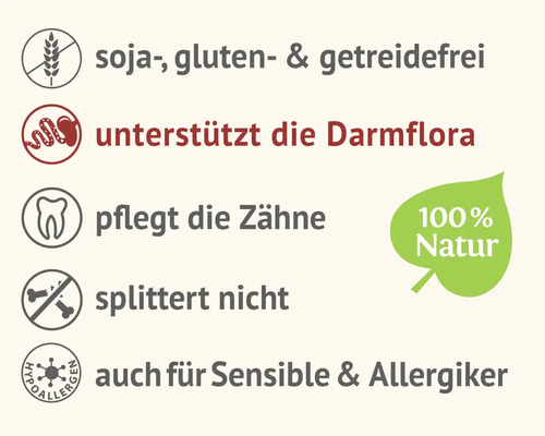 Produktmerkmale: sojafrei, glutenfrei, getreidefrei, unterstützt die Darmflora, pflegt die Zähne, splittert nicht, für sensible Tiere und Allergiker geeignet, 100 Prozent Natur