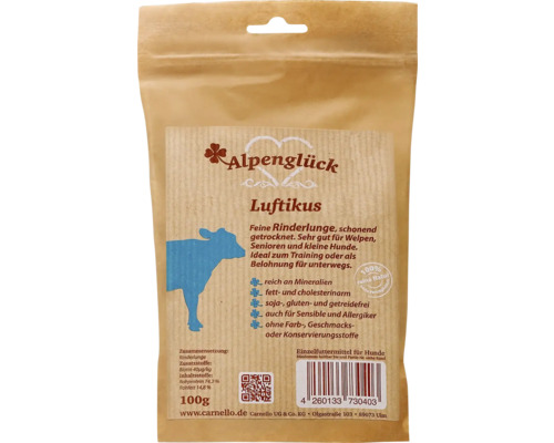 Alpenglück Luftikus Rinderlunge für Hunde in einer 100 Gramm Packung