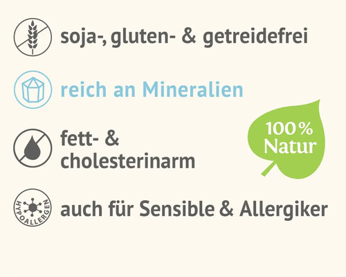 Symbolbild: Sojafrei, glutenfrei und getreidefrei, reich an Mineralien, fett- und cholesterinarm, auch für sensible Personen und Allergiker, 100 Prozent Natur
