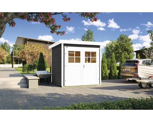 Gartenhaus weka 227 Gr. 1 inkl. Fußboden 229 x 253 cm anthrazit Gartenszene mit Gerätehaus mit Doppeltür und Fenster
