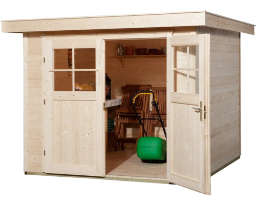 Holzgartenhaus mit Doppeltür und Fenstern, Innenraum mit Gartengeräten und Möbeln