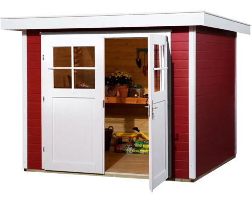 Gartenschuppen mit geöffneter Doppeltür und Regalen