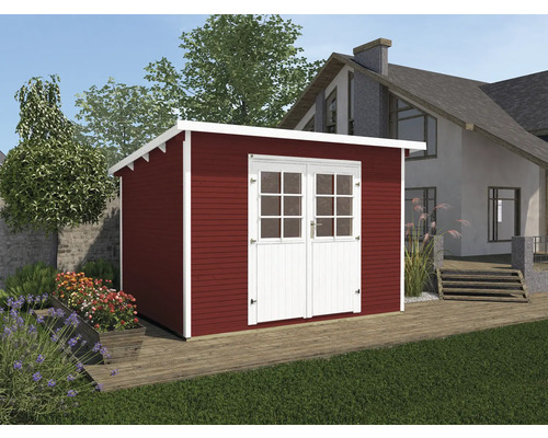 Gartenhaus weka 219 Gr. 3 inkl. Fußboden 319 x 334 cm rot Kleines Gartenhaus aus Holz mit Doppeltür vor einem Haus