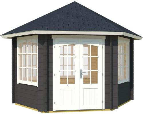 Sechseckiger Pavillon mit Fenstern und Doppeltür.