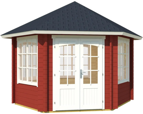 Sechseckiges Gartenhaus mit Fenstern und Doppeltür