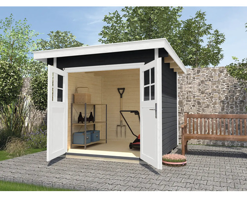 Gartenhaus weka 179 Gr. 2 inkl. Fußboden 280 x 314 cm anthrazit Gartenszene mit offenem Gerätehaus aus Holz, Rasenmäher und Gartengeräten