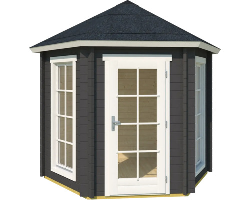 Sechseckiges Gartenhaus mit Fenstern und Tür