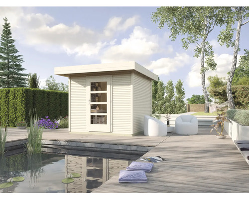 Gartenhaus weka Designhaus 172 Gr. 1 inkl. Fußboden 249 x 284 cm natur Gartenhaus aus Holz mit Fenstertür neben Teich auf Holzterrasse