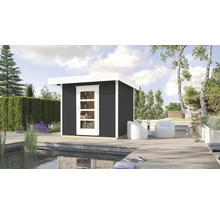Modernes Gartenhaus aus Holz mit Flachdach und Glastür neben einem Teich