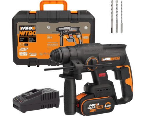 Akku-Bohrhammer WORX Nitro 20V 2 Joule WX381, Brushless Motor, inkl. Koffer, 1 x 4Ah Akku und Ladegerät