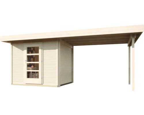 Holzgartenhaus mit überdachter Terrasse und Fenstertür