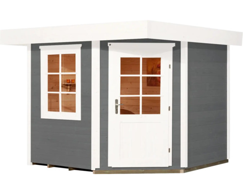 Graues Gartenhaus aus Holz mit Fenster und Tür