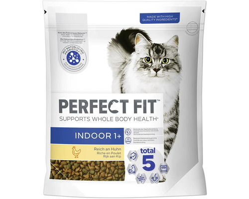Katzenfutter trocken Perfect Fit Indoor 1+ reich an Huhn 1,4 kg Perfect Fit Indoor 1+ Katzenfutter mit Huhn in einer Verpackung