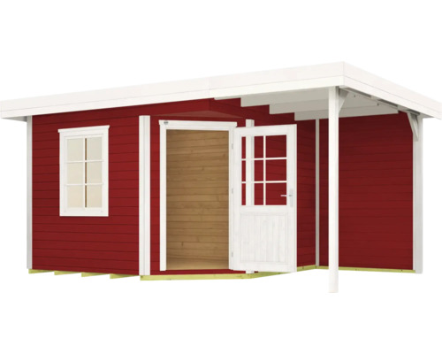 Rotes Gartenhaus mit Fenster und offener Tür