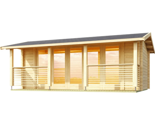Holzgartenhaus mit Glasfront und überdachter Veranda
