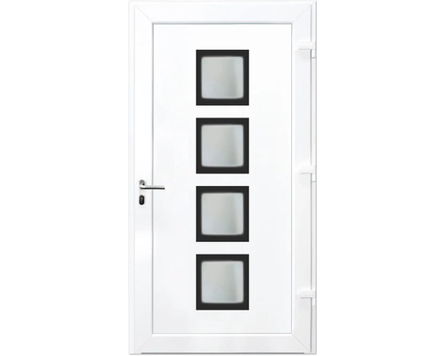 Weiße Haustür mit vier quadratischen Glaseinsätzen