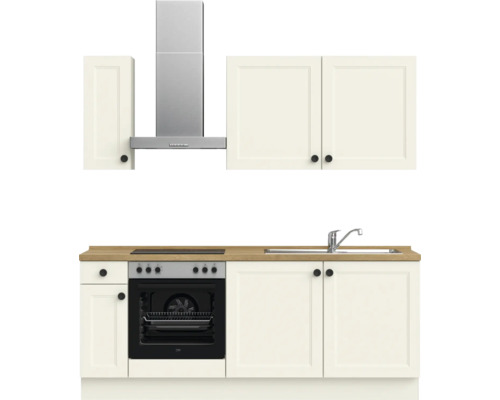 Küchenzeile mit Spüle, Herd, Backofen und Dunstabzugshaube