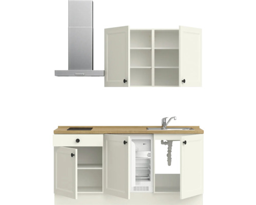 Kompakte Küchenzeile mit Spüle, Kochfeld, Kühlschrank, Dunstabzugshaube und Schränken