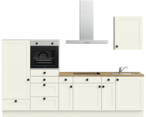 Küchenzeile mit Backofen, Dunstabzugshaube, Spüle und Schränken