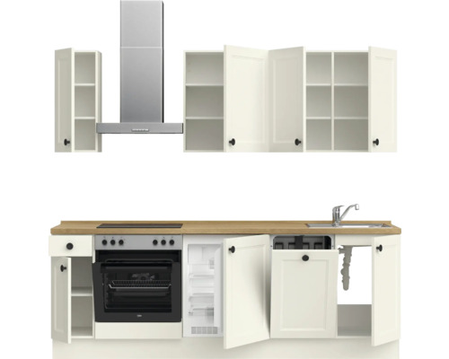 Küchenzeile mit Spüle, Herd, Kühlschrank, Dunstabzugshaube und Oberschränken