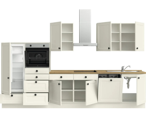 Küchenzeile mit Kühl-, Koch- und Spüleinrichtung sowie Dunstabzugshaube und Hängeschränken