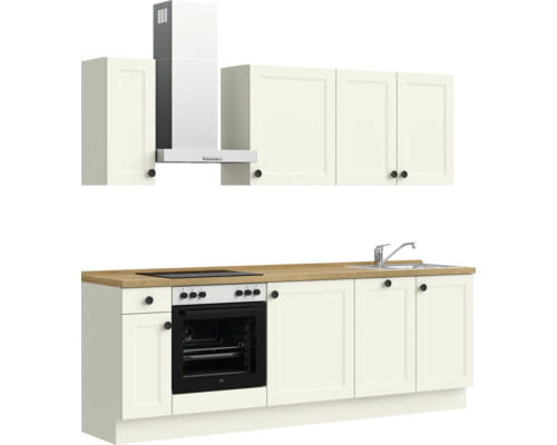 Küchenzeile mit Spüle, Herd und Dunstabzugshaube