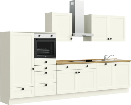 Komplette Küchenzeile mit Spüle, Herd, Backofen, Dunstabzugshaube und Schränken