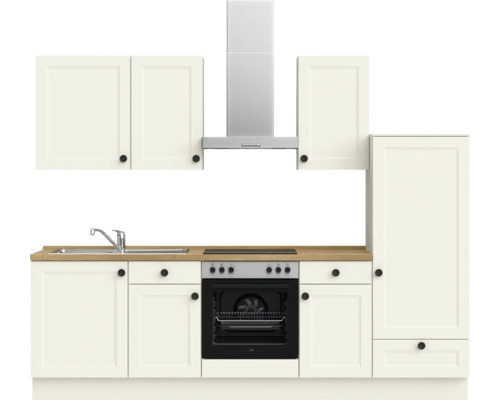 Küchenzeile mit Spüle, Kochfeld, Backofen, Dunstabzugshaube und Oberschränken