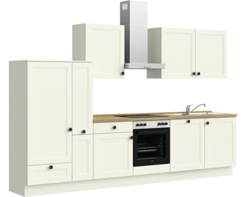 Küchenzeile mit Spüle, Kochfeld, Backofen, Dunstabzugshaube und Hängeschränken