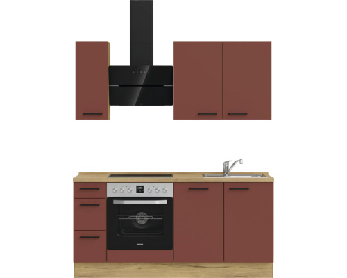 Küchenzeile mit Unterschränken, Hängeschränken, Spüle, Herd und Dunstabzugshaube