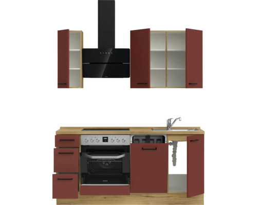 Komplette Küchenzeile mit Spüle, Herd, Dunstabzugshaube und Schränken