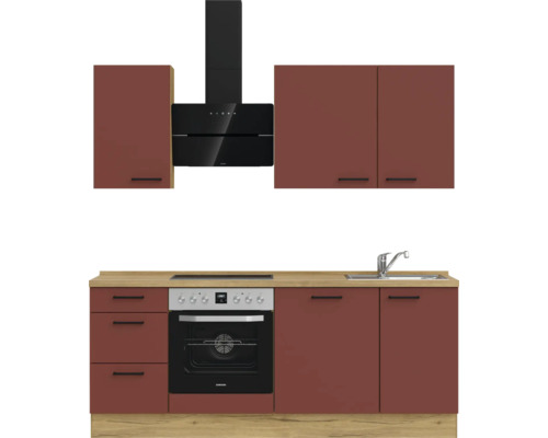 Küchenzeile mit Spüle, Herd, Backofen, Dunstabzugshaube und Hängeschränken