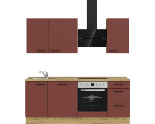 Küchenzeile mit Spüle, Herd, Backofen, Dunstabzugshaube und Schränken