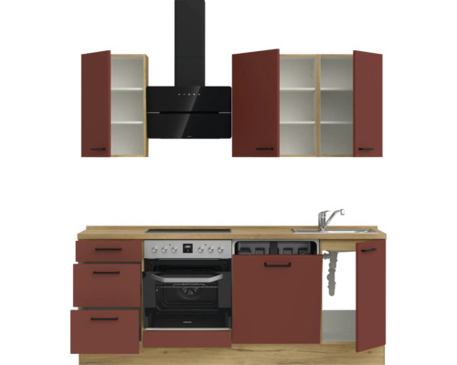 Küchenzeile mit Spüle, Herd, Dunstabzugshaube und Schränken