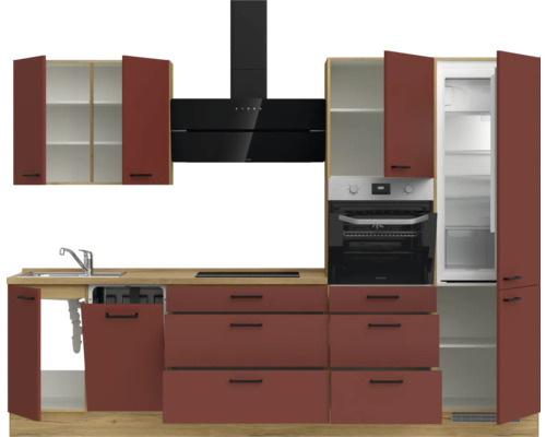 Komplette Küche mit Spüle, Geschirrspüler, Kochfeld, Dunstabzugshaube, Backofen und Kühlschrank