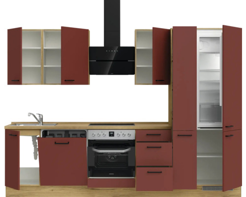 Küchenzeile mit Spüle, Herd, Dunstabzugshaube und Kühlschrank