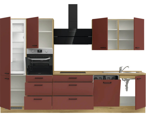 Küchenzeile mit Kühlschrank, Backofen, Dunstabzugshaube, Spüle und Geschirrspüler in modernem Design