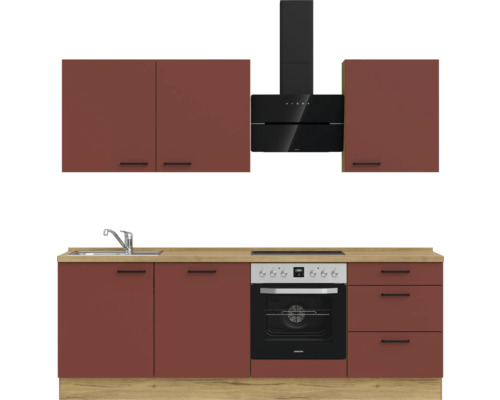 Küchenzeile mit Spüle, Herd, Dunstabzugshaube und Schränken