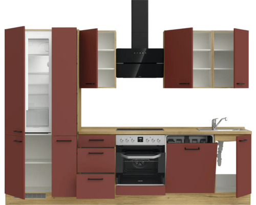 Komplette Küchenzeile mit Kühlschrank, Dunstabzugshaube, Backofen und Spüle